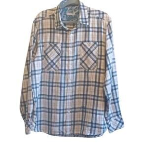 JOHN LENNON XL 17.5 Plaid Blue White Button Up Shirt Embroidered Peace Sign Trim